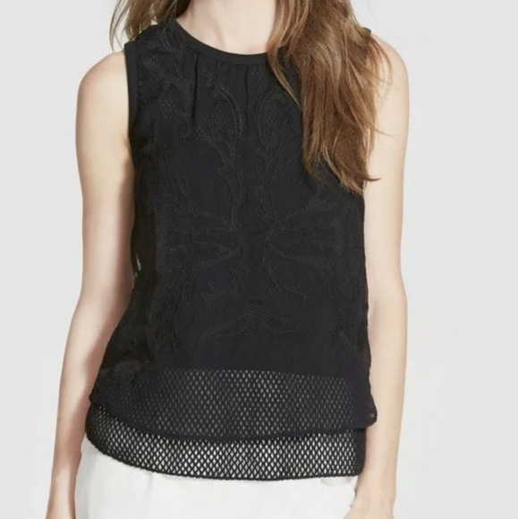 Trouve Embroidered Overlay Mesh Sleeveless Top - Picture 1 of 6